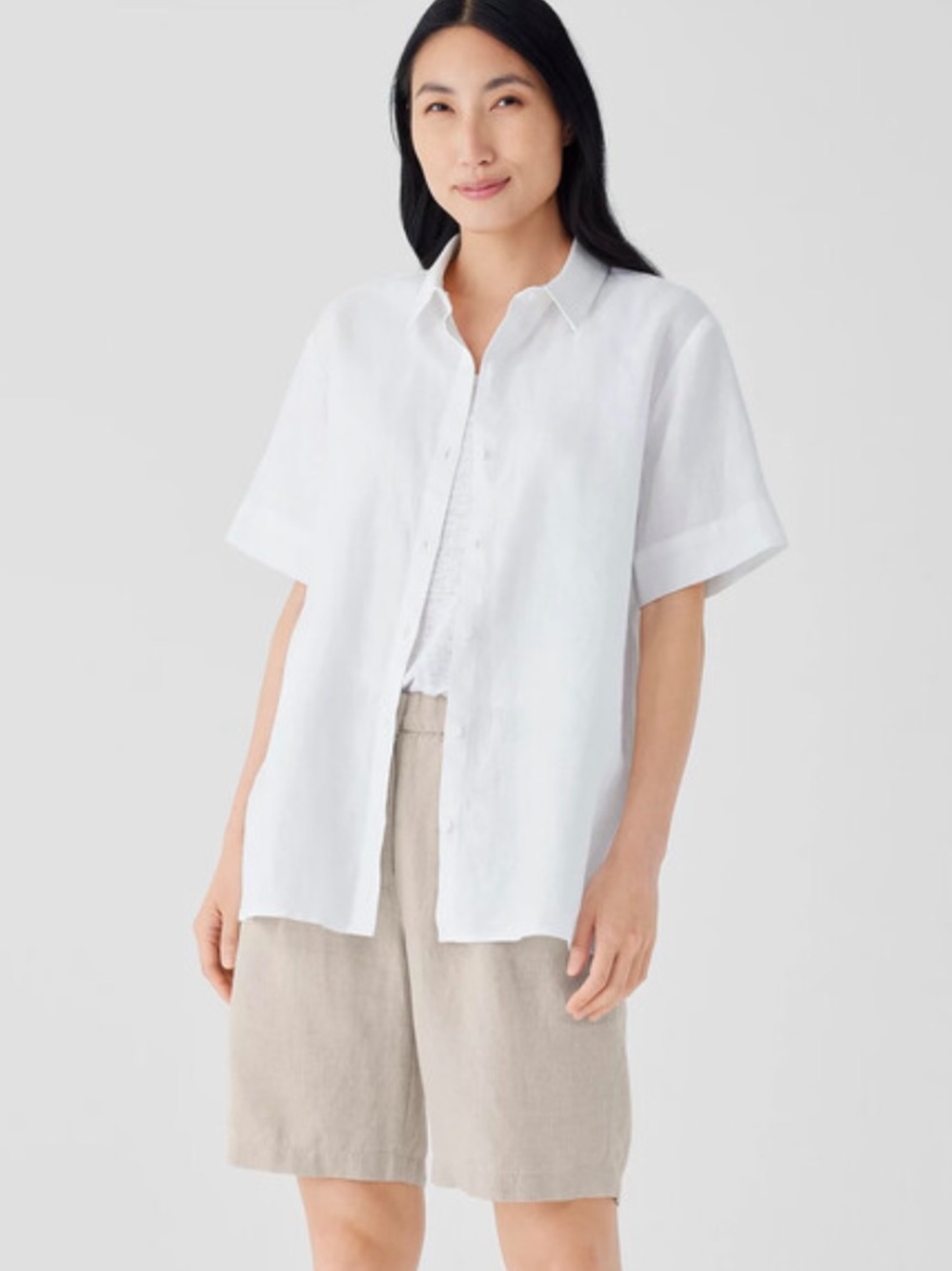 Eileen Fisher Organic Linen Short Sleeve Long Button Up Shirt Size 1X Coastal